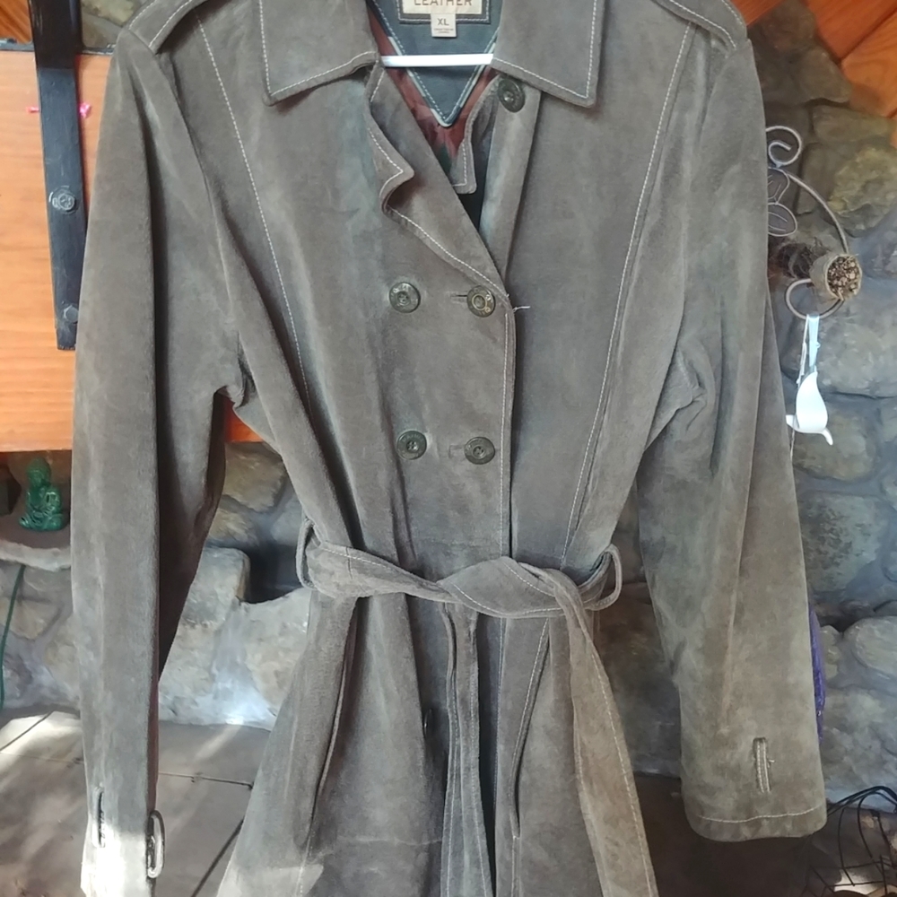 Suede Leather Trench Coat Olive Green XL